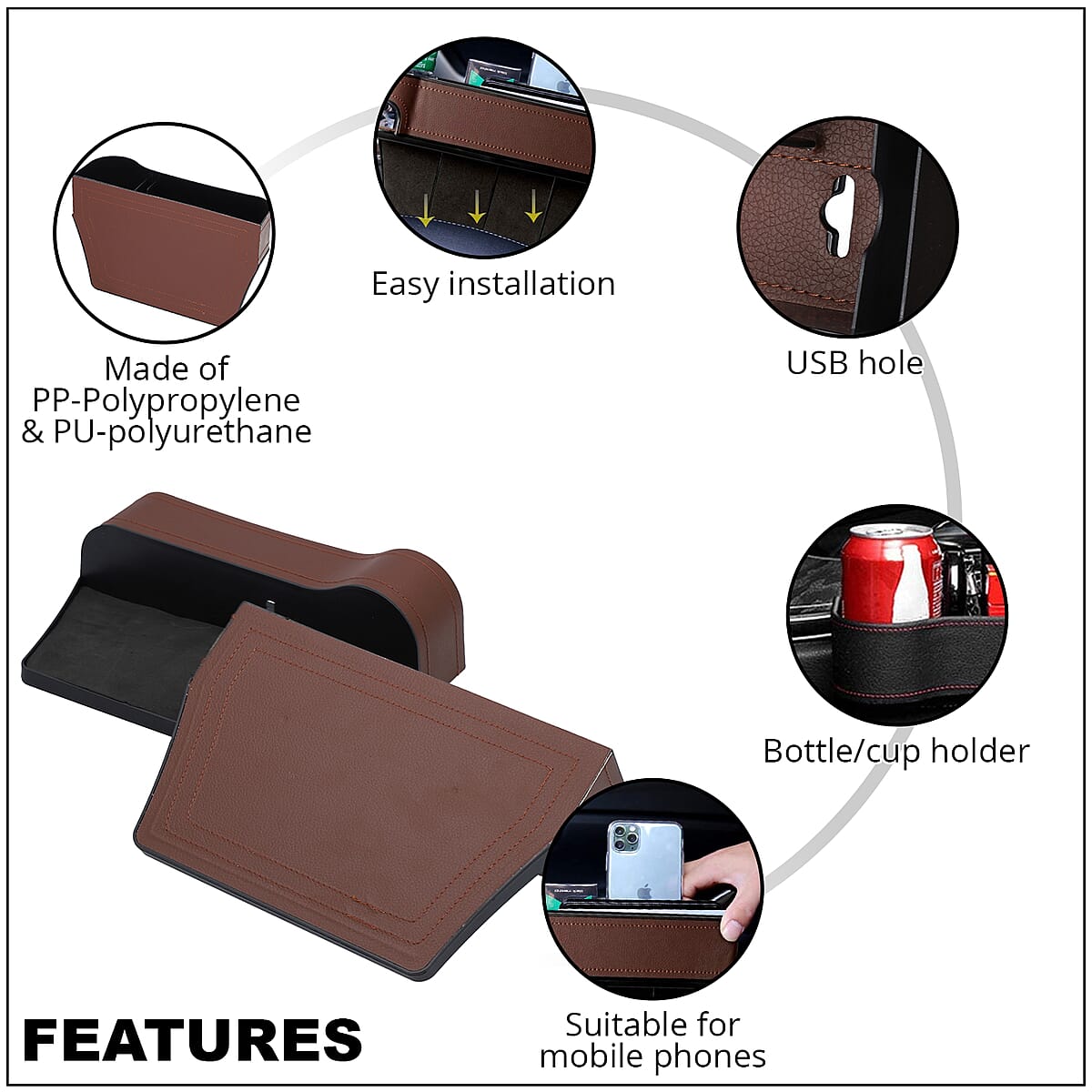 Set of 2 Durable, Multi-functional, Brown Car Seat Gap Filler With Cup Holder, Fits all Cars, Flexible and Abrasion Resistant image number 2