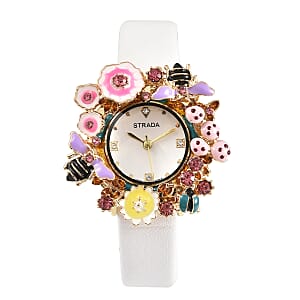 STRADA Japanese Movement White & Pink Austrian Crystal, Enameled Flora & Fauna Theme Nature-Inspired Watch with White Faux Leather Strap