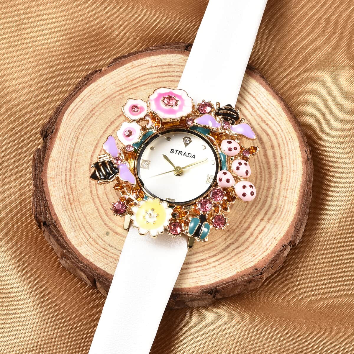 STRADA Japanese Movement White & Pink Austrian Crystal, Enameled Flora & Fauna Theme Nature-Inspired Watch with White Faux Leather Strap image number 1