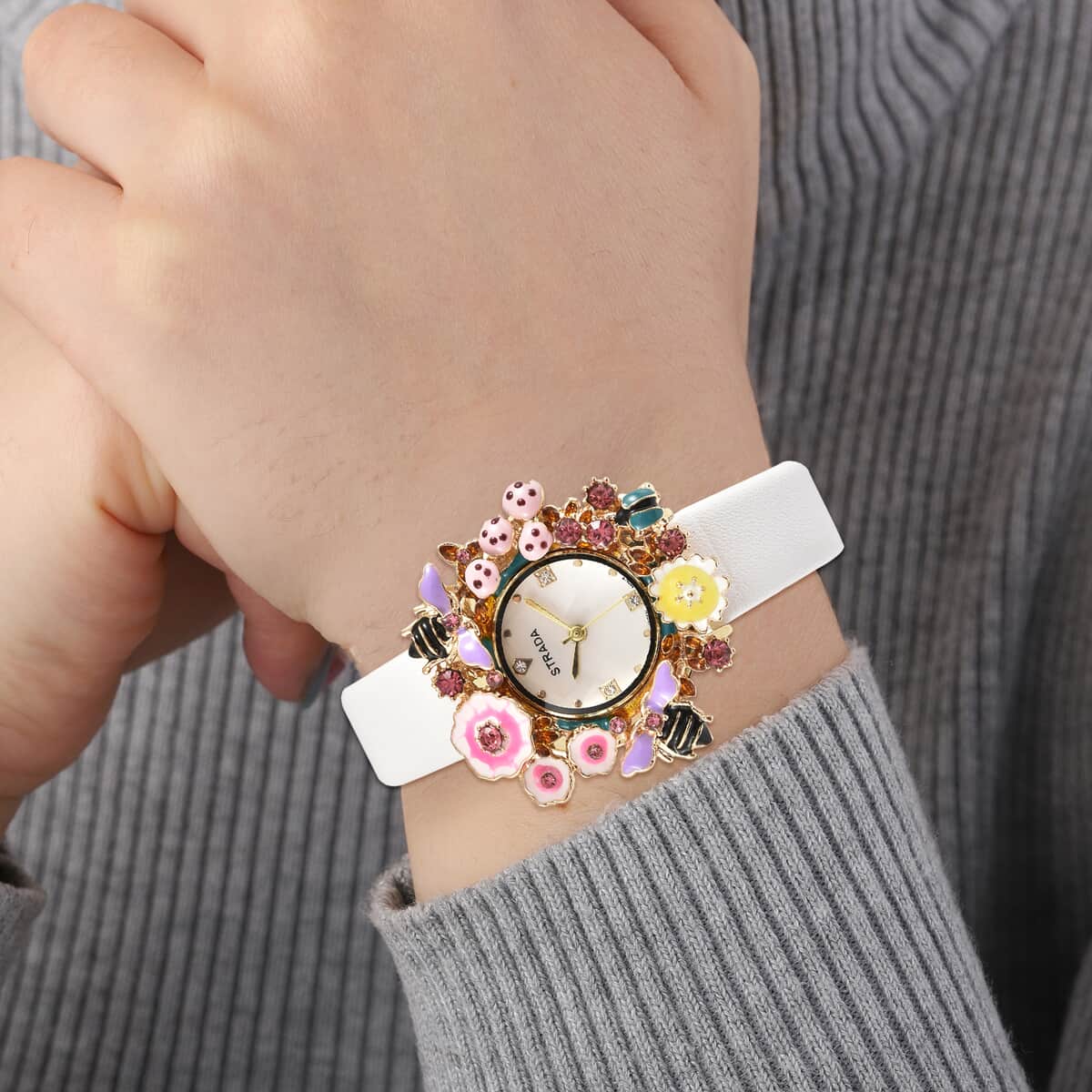 STRADA Japanese Movement White & Pink Austrian Crystal, Enameled Flora & Fauna Theme Nature-Inspired Watch with White Faux Leather Strap image number 2
