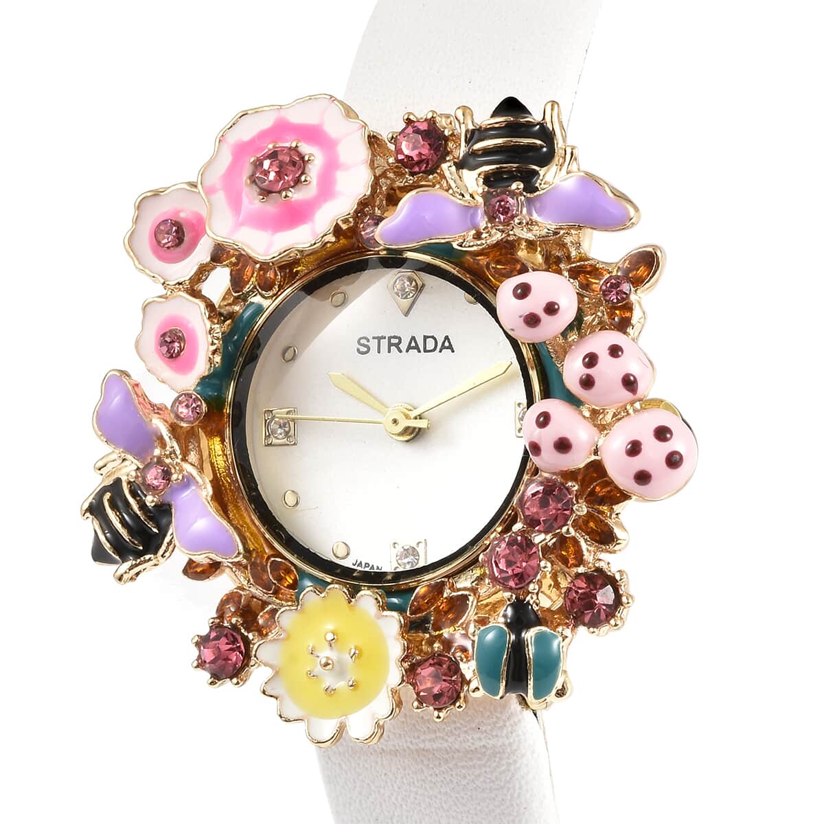 Strada Japanese Movement White & Pink Austrian Crystal, Enameled Flora & Fauna Theme Nature-Inspired Watch with White Faux Leather Strap image number 3