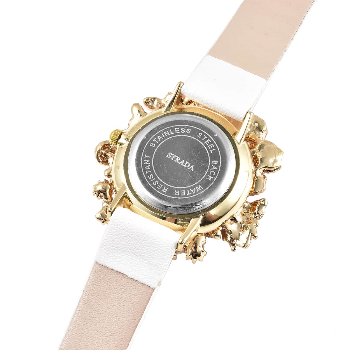 Strada Japanese Movement White & Pink Austrian Crystal, Enameled Flora & Fauna Theme Nature-Inspired Watch with White Faux Leather Strap image number 5
