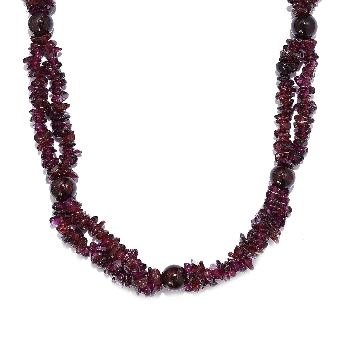 Mozambique Garnet and Orissa Rhodolite Garnet Chips & Beaded Two Layer Necklace 20 Inches in Platinum Over Sterling Silver 153.00 ctw