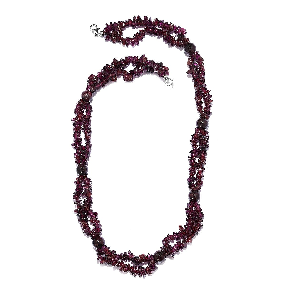 Mozambique Garnet and Orissa Rhodolite Garnet Chips & Beaded Two Layer Necklace 20 Inches in Platinum Over Sterling Silver 153.00 ctw