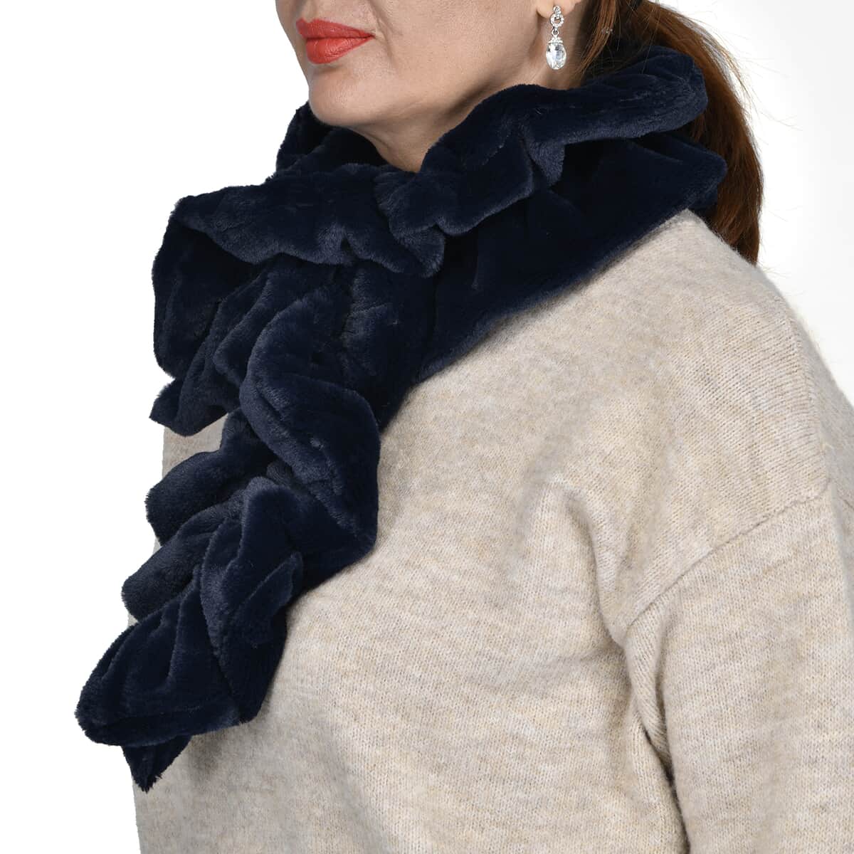 PASSAGE Navy Faux Fur Polyester Scarf (31"x5.5") image number 1