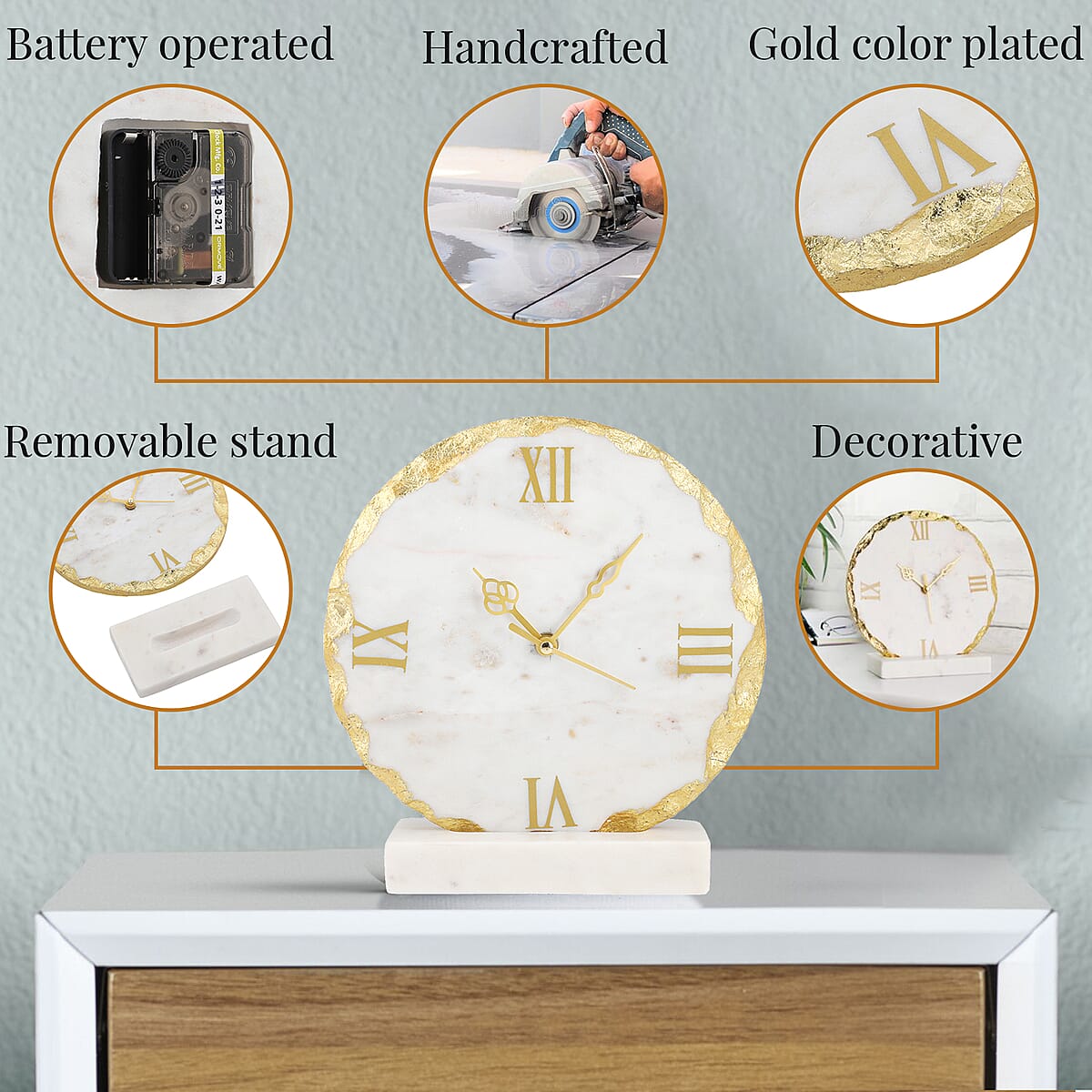 Marble Table Clock with marble stand with Gold foiling image number 2
