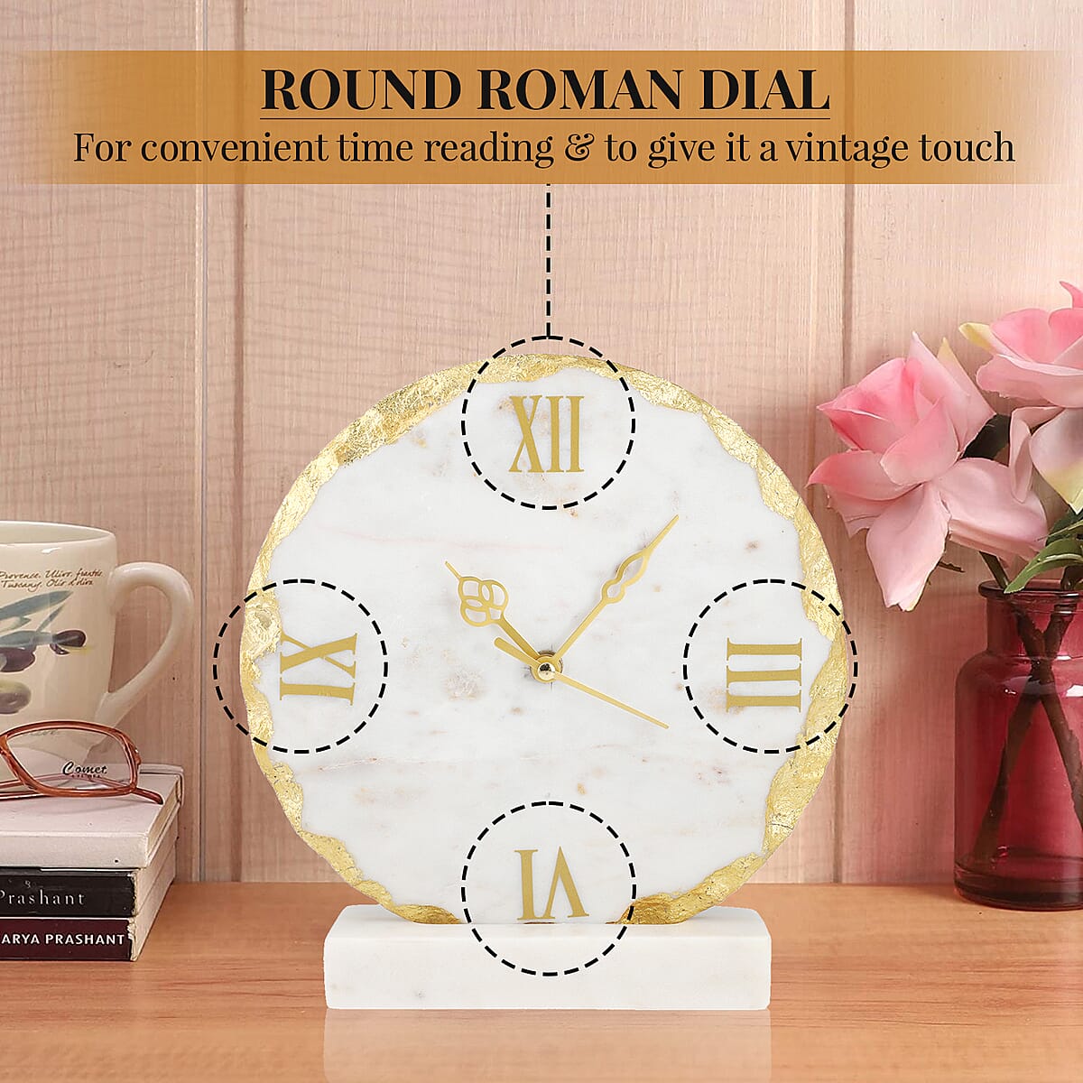 Marble Table Clock with marble stand with Gold foiling image number 3
