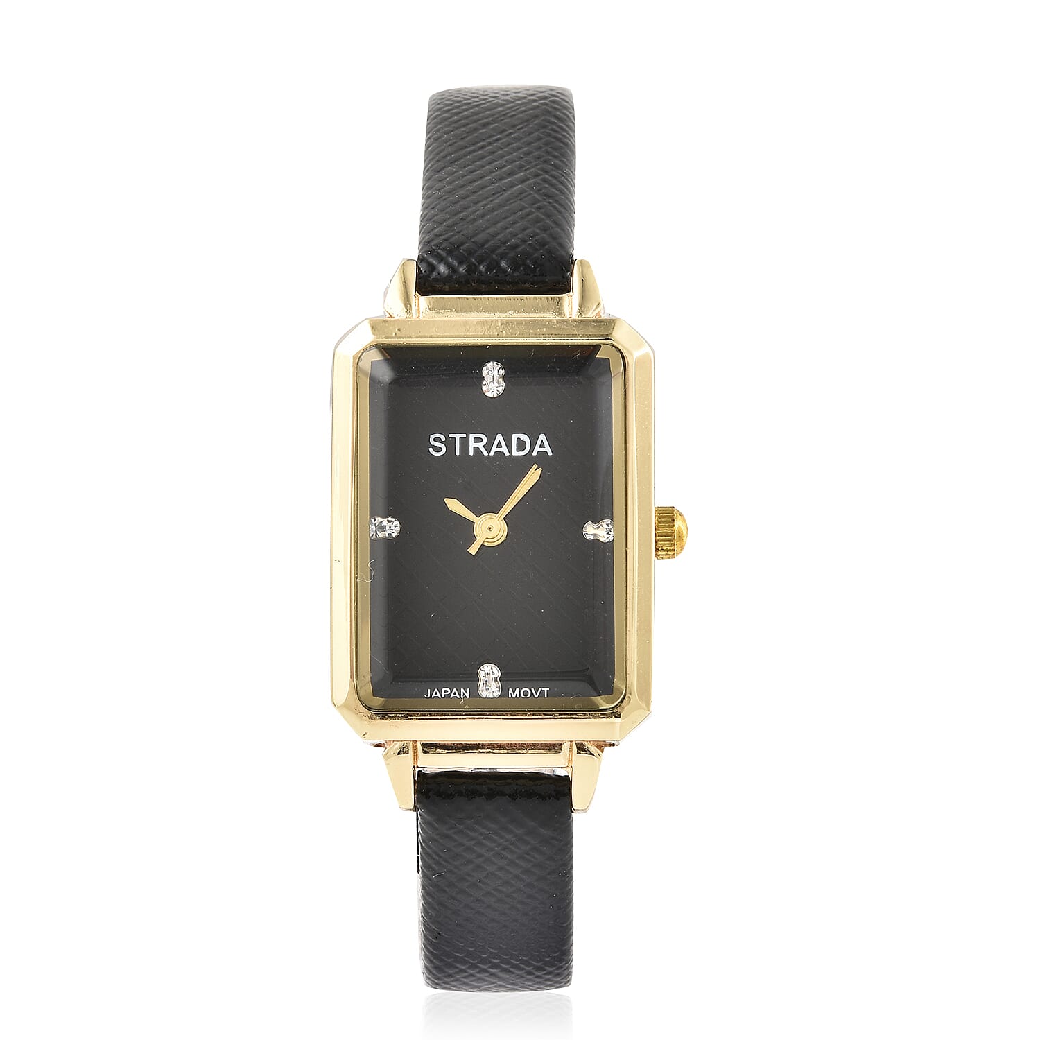 Strada White Crystal Japanese Movement Watch with Black Faux Leather Strap
