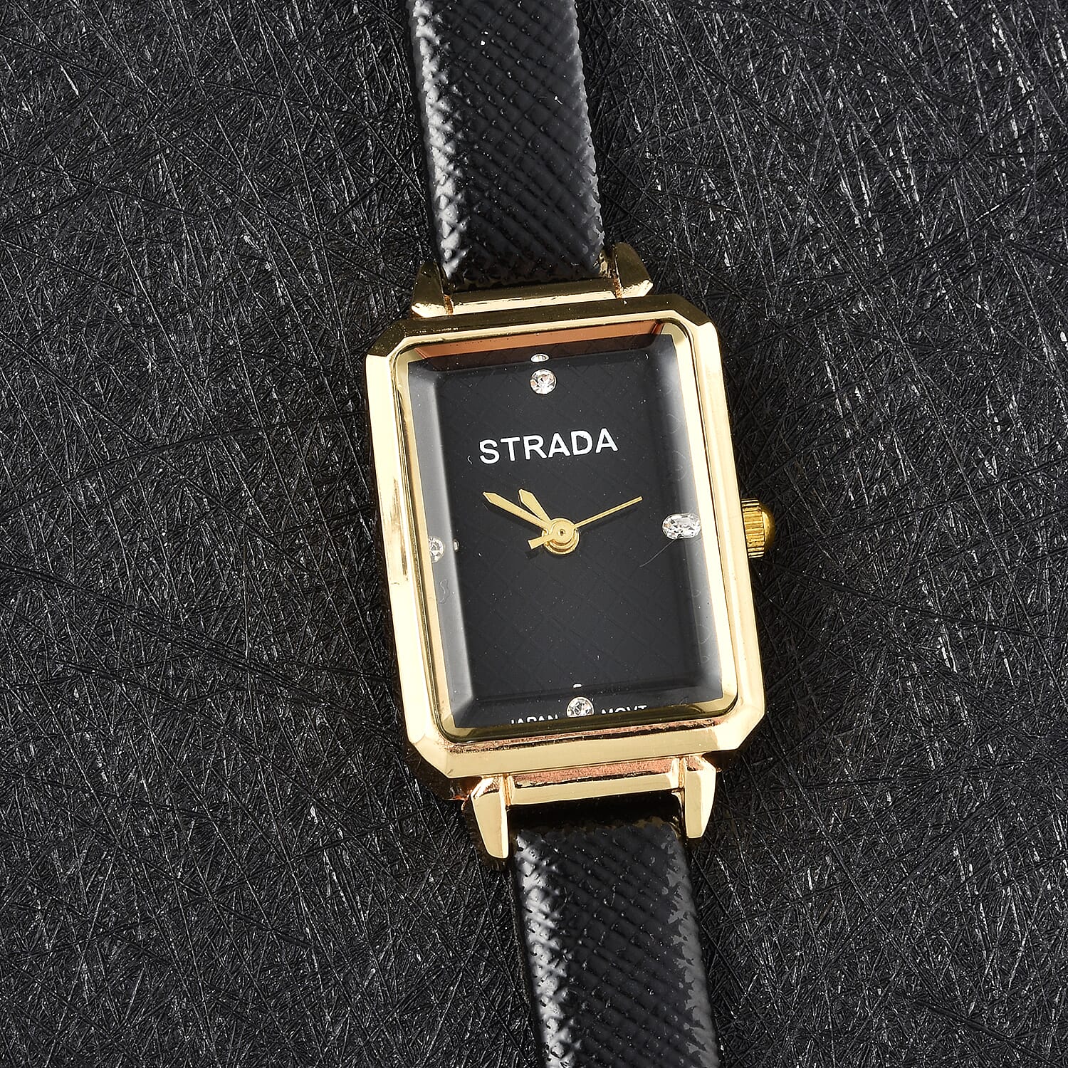 Strada White Crystal Japanese Movement Watch with Black Faux Leather Strap
