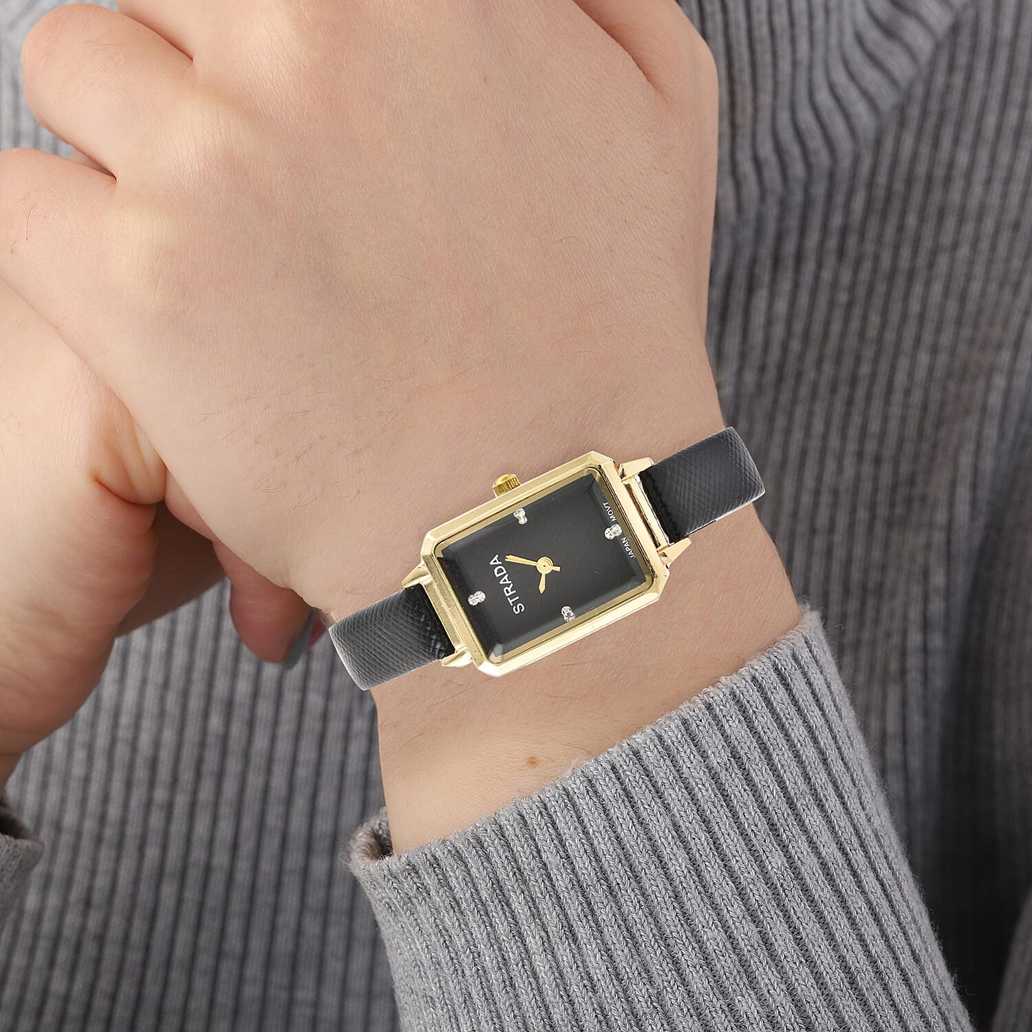 Strada White Crystal Japanese Movement Watch with Black Faux Leather Strap