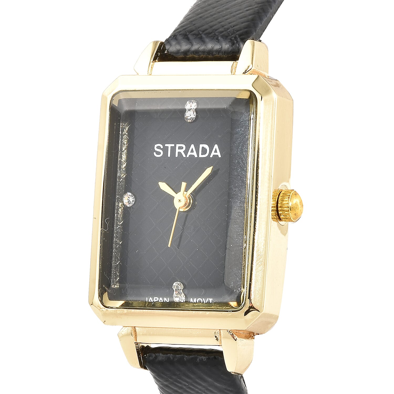 Strada White Crystal Japanese Movement Watch with Black Faux Leather Strap