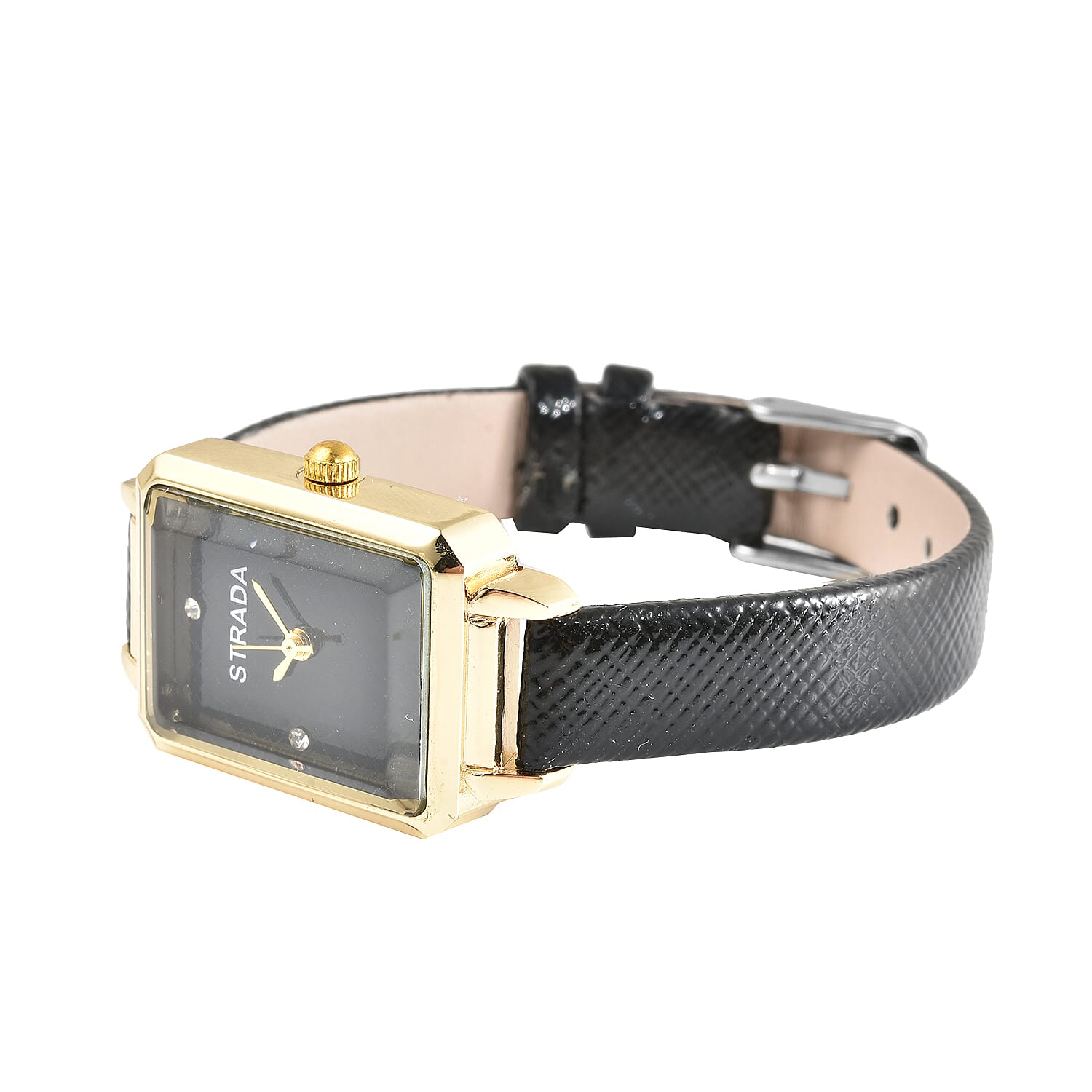 Strada White Crystal Japanese Movement Watch with Black Faux Leather Strap