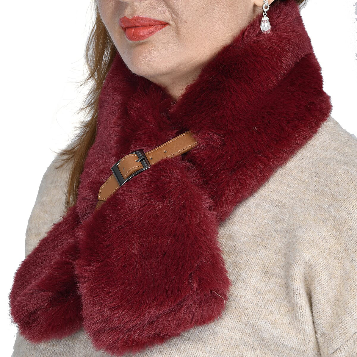 Hong Kong Closeout Red Faux Fur Polyester Scarf with Buckle image number 1