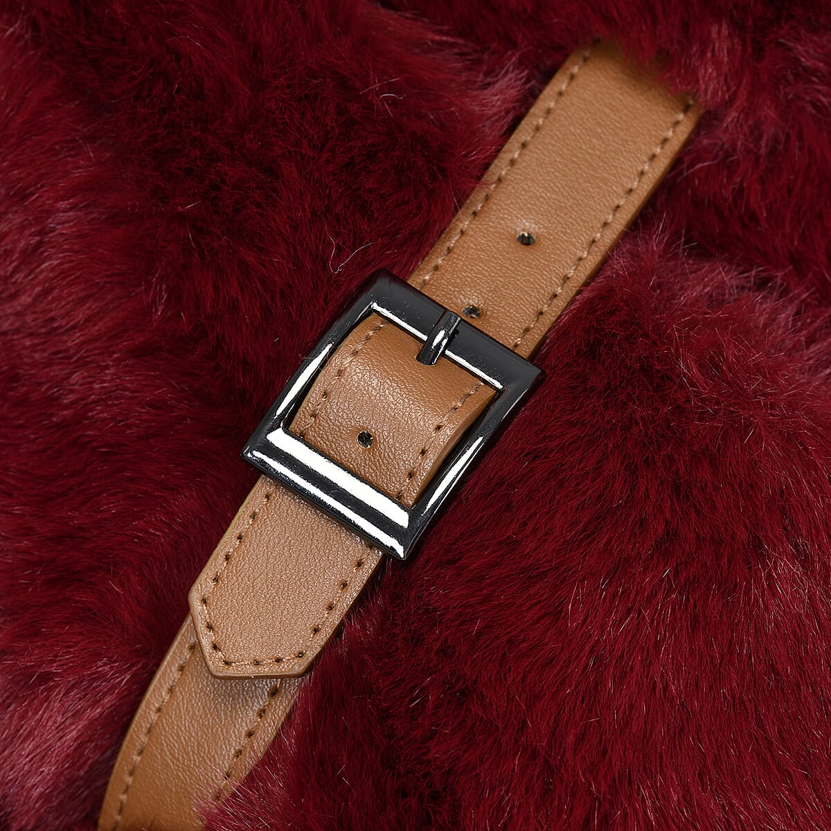 Hong Kong Closeout Red Faux Fur Polyester Scarf with Buckle image number 2