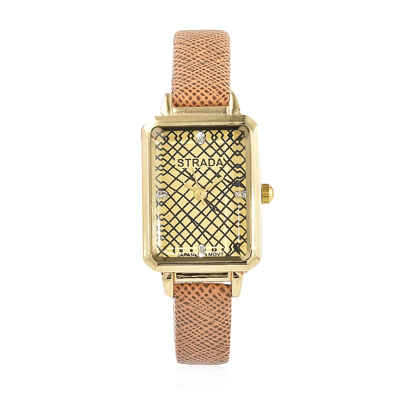 Strada White Crystal Japanese Movement Watch with Chestnut Faux Leather Strap