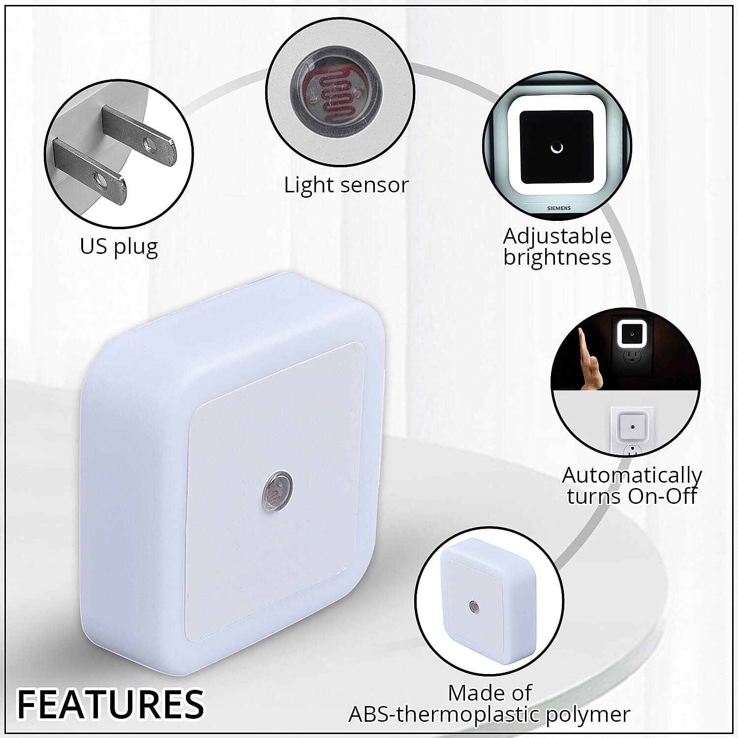 Set of 6 White Square Plug-in Night LED Light with Sensitive Light Sensor