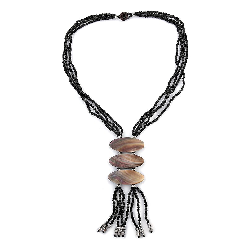 Black and Gray Shell Pearl Seed Beaded Tassels Necklace 22 Inches