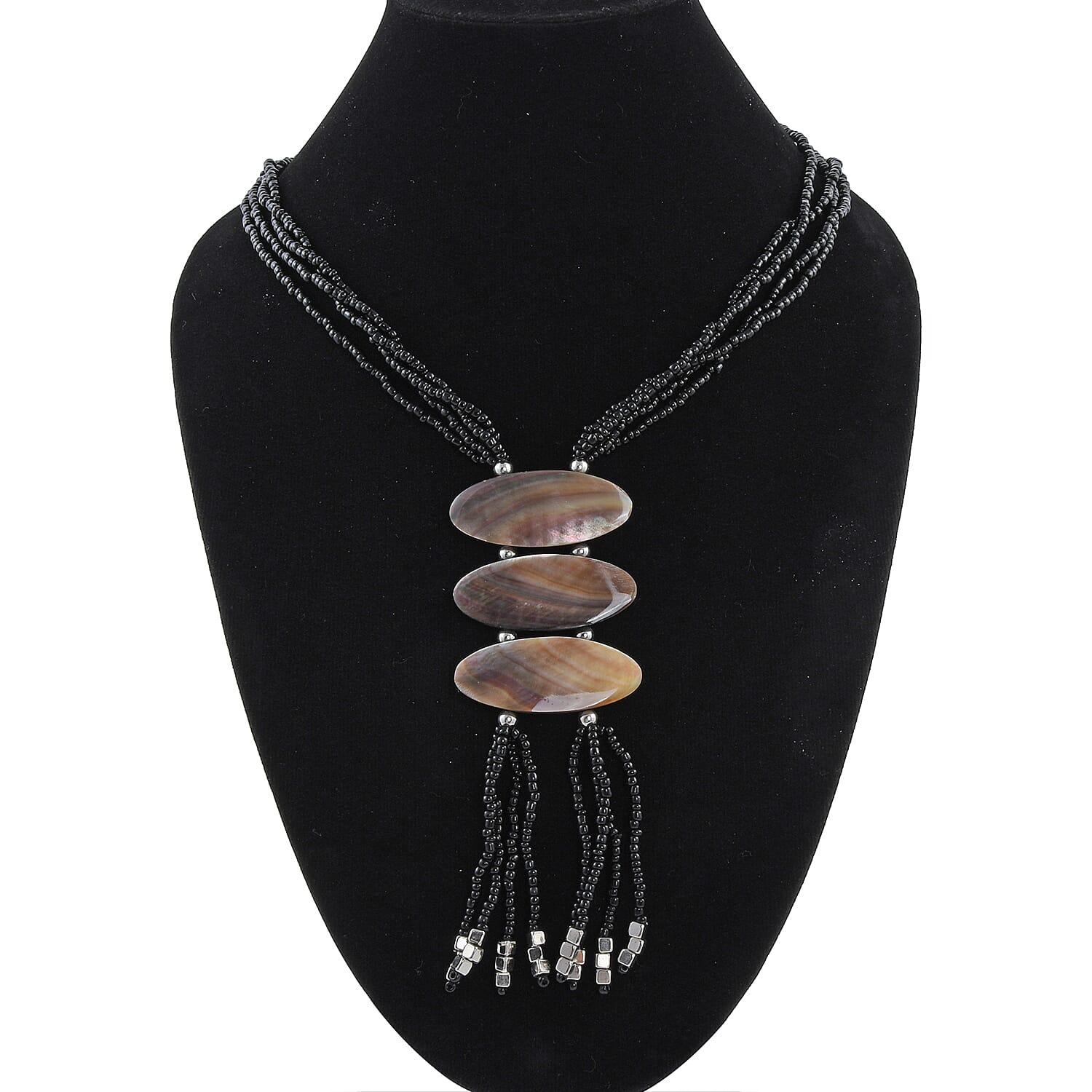 Black and Gray Shell Pearl Seed Beaded Tassels Necklace 22 Inches