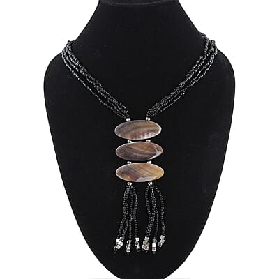 Black and Gray Shell Pearl Seed Beaded Tassels Necklace 22 Inches