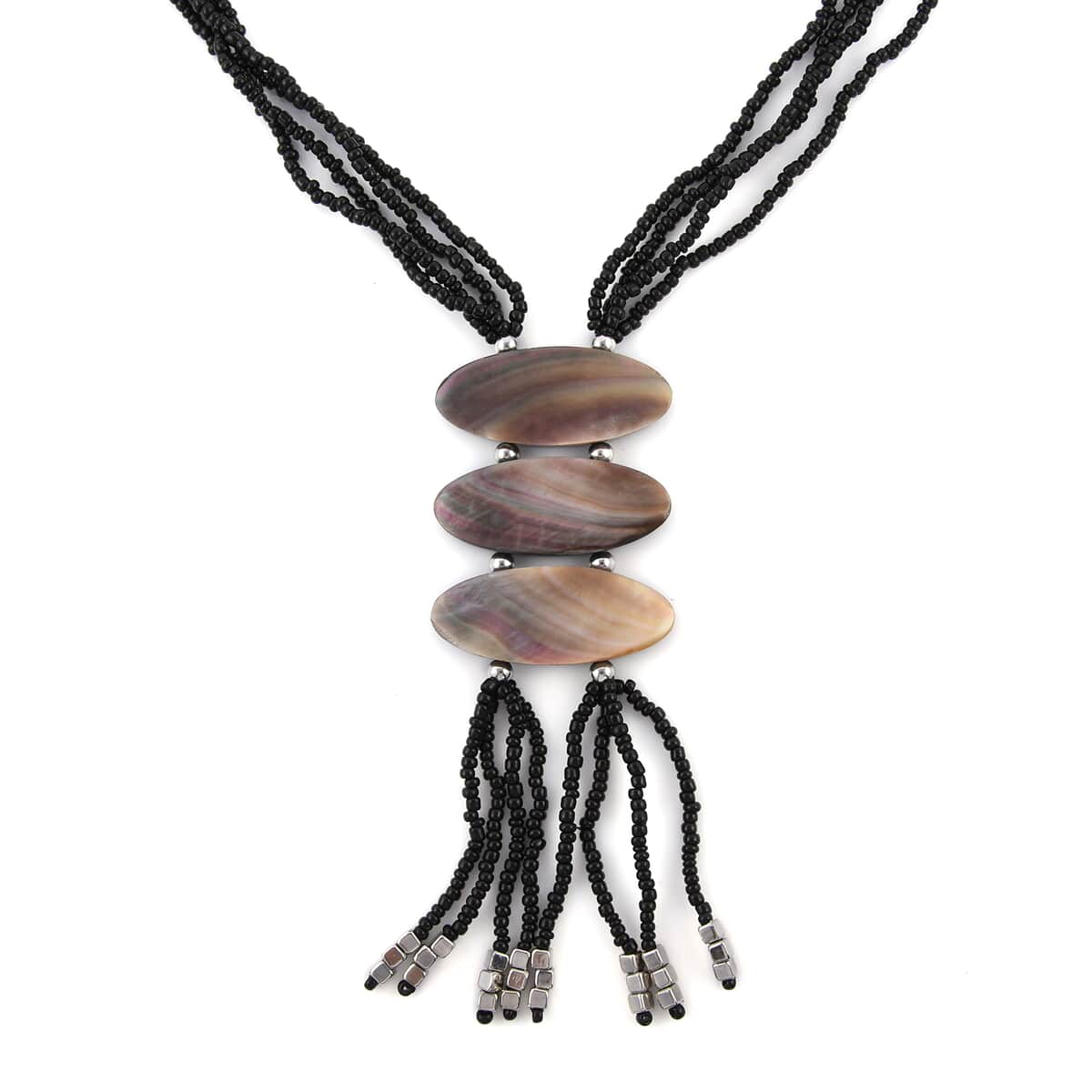 Black and Grey Shell Pearl Seed Beads Tassels Necklace 22 Inches image number 2