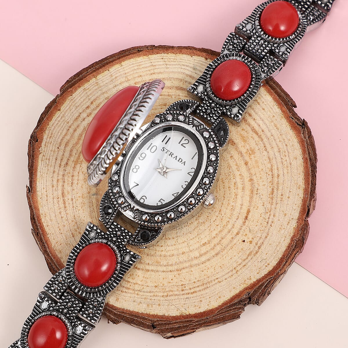 Strada Red Coral, Black Austrian Crystal Japanese Movement Watch in Black Oxidized Stainless Steel Back 39.50 ctw image number 1
