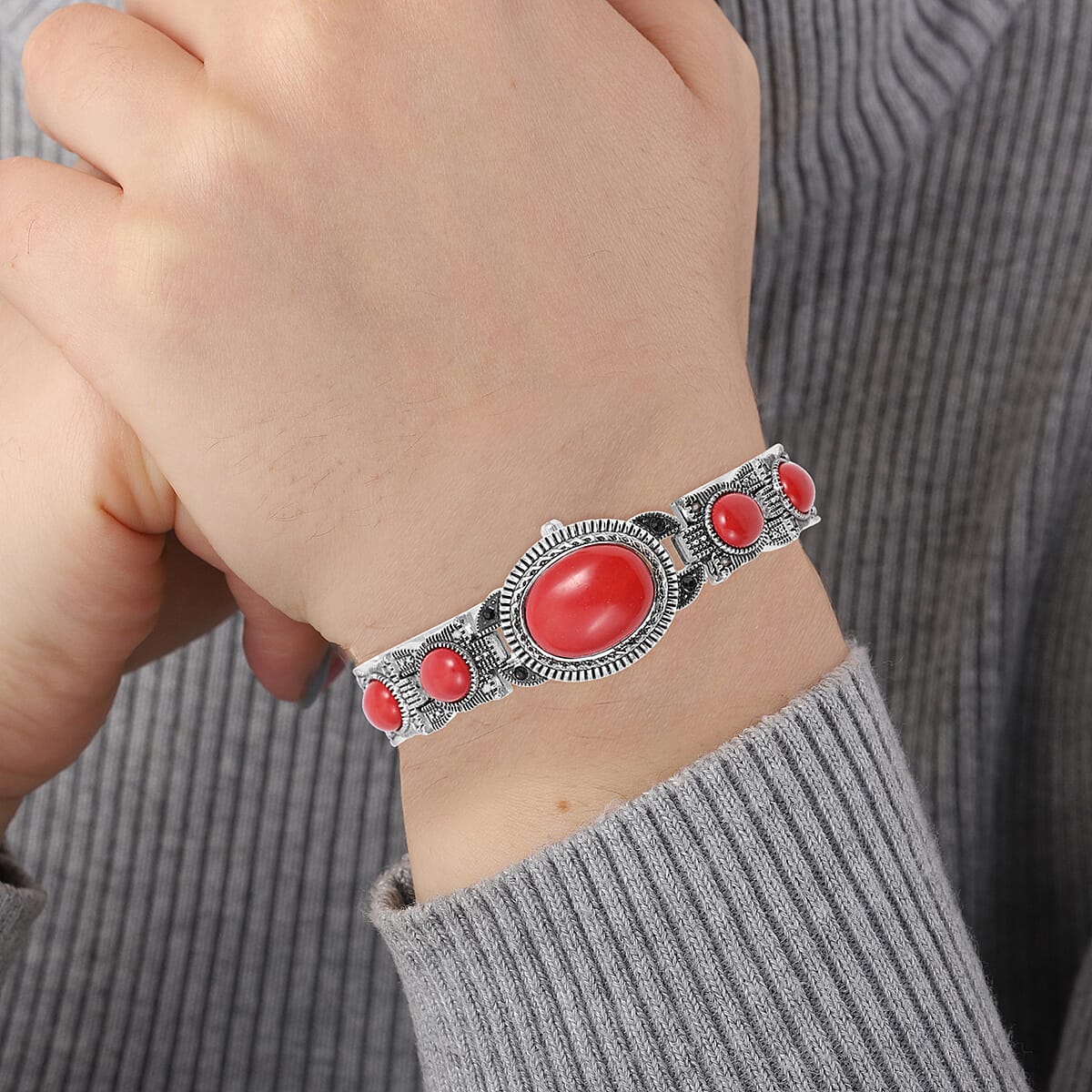 Strada Red Coral, Black Austrian Crystal Japanese Movement Watch in Black Oxidized Stainless Steel Back 39.50 ctw image number 2