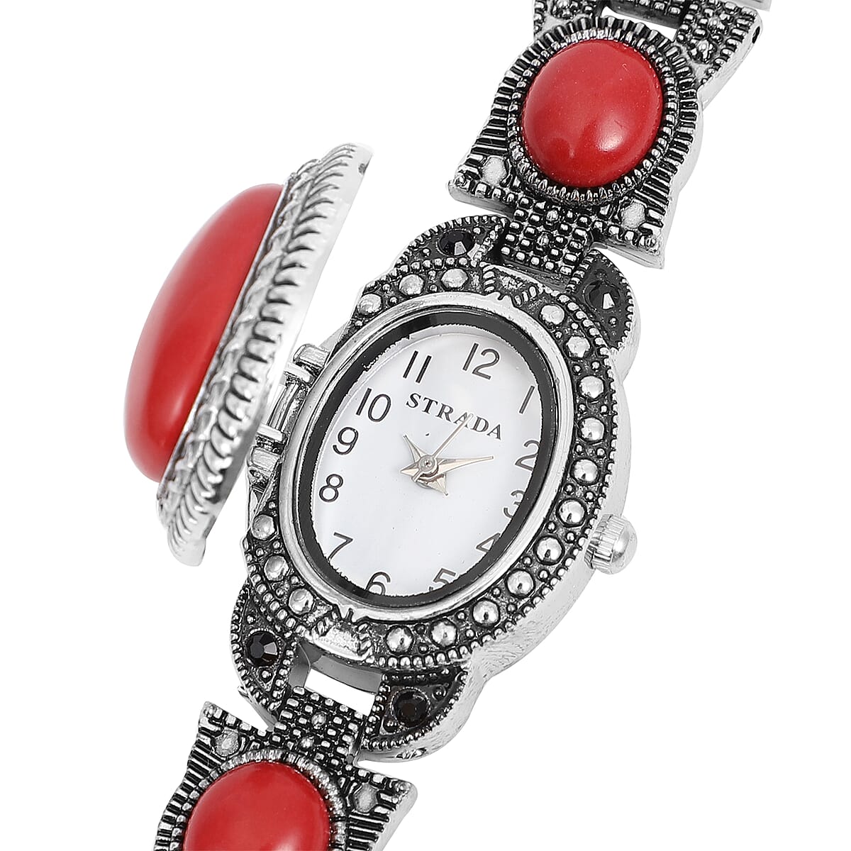 Strada Red Coral, Black Austrian Crystal Japanese Movement Watch in Black Oxidized Stainless Steel Back 39.50 ctw image number 5