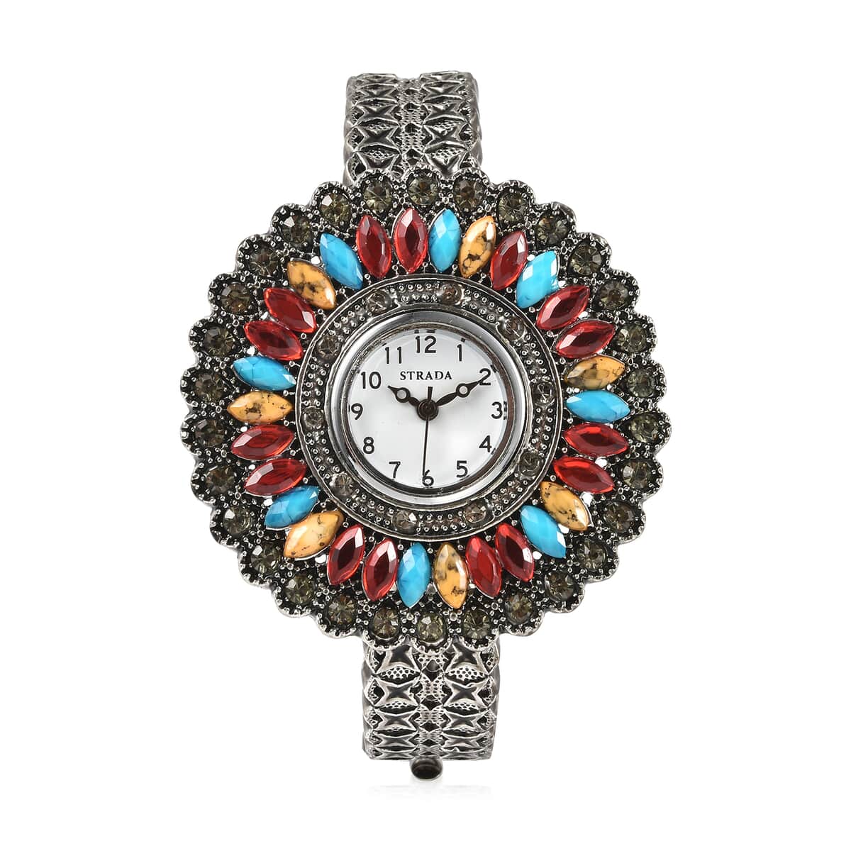STRADA Grey Austrian Crystal, Simulated Multi Color Chroma Japanese Movement Southwest Style Bangle Watch in Silvertone (7.00 In) image number 0