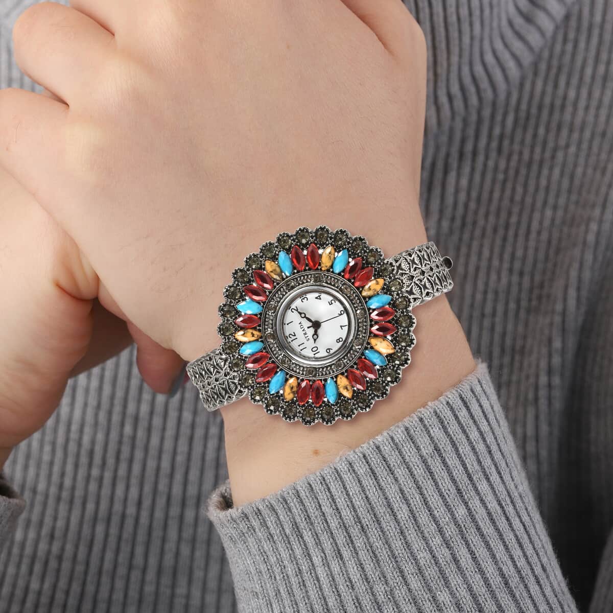STRADA Grey Austrian Crystal, Simulated Multi Color Chroma Japanese Movement Southwest Style Bangle Watch in Silvertone (7.00 In) image number 2