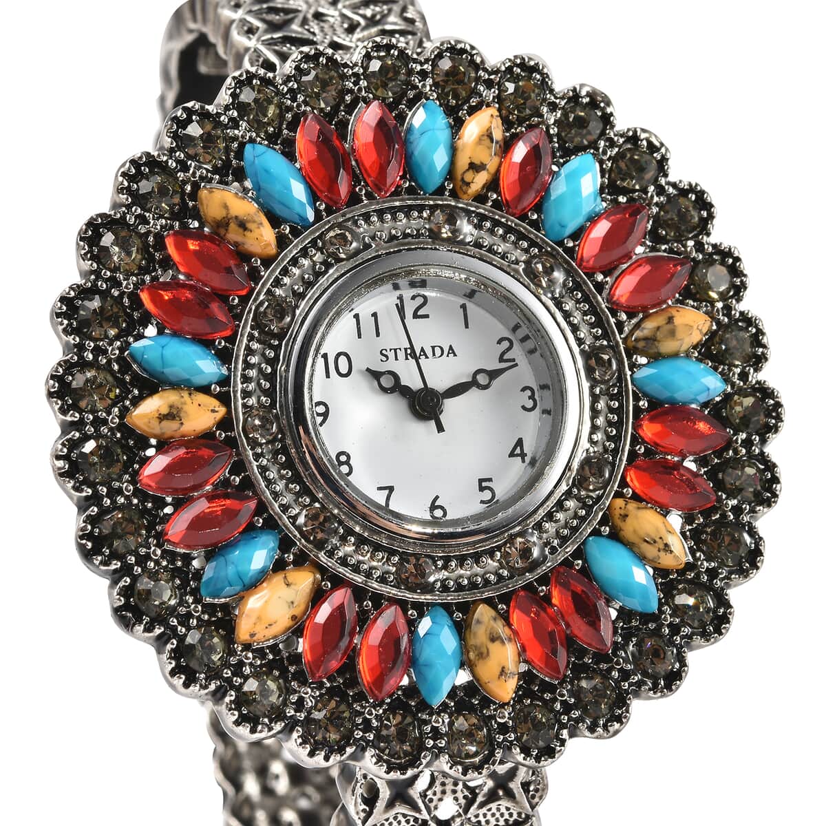 STRADA Grey Austrian Crystal, Simulated Multi Color Chroma Japanese Movement Southwest Style Bangle Watch in Silvertone (7.00 In) image number 3