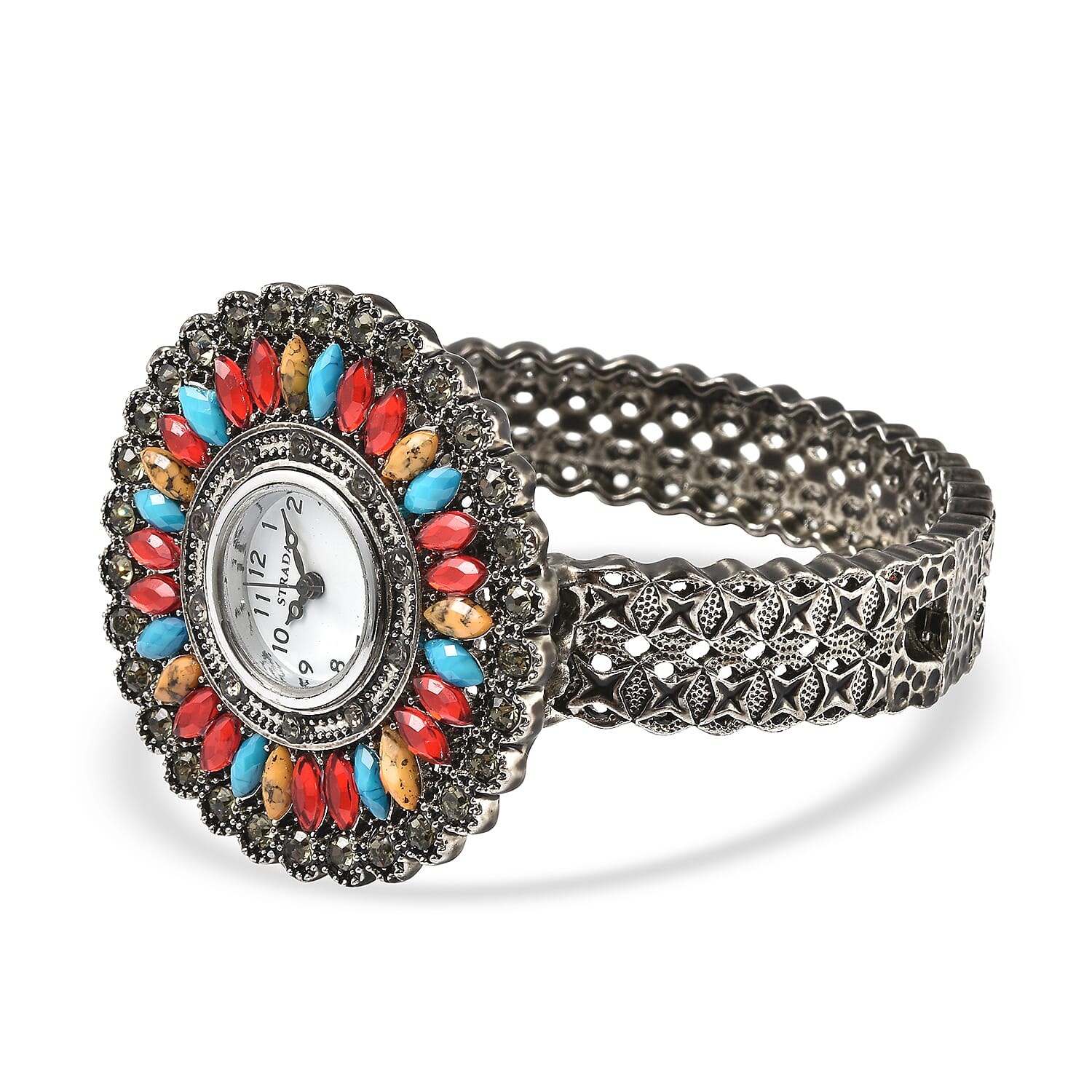 Strada Grey Austrian Crystal, Simulated Multi Color Chroma Japanese Movement Southwest Style Bangle Watch in Silvertone (7.00 In)
