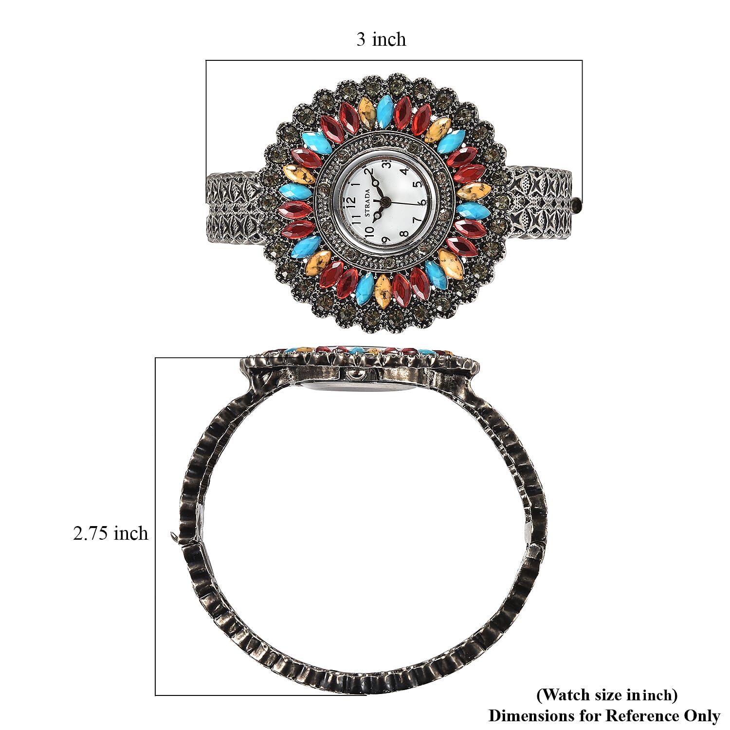 Strada Grey Austrian Crystal, Simulated Multi Color Chroma Japanese Movement Southwest Style Bangle Watch in Silvertone (7.00 In)