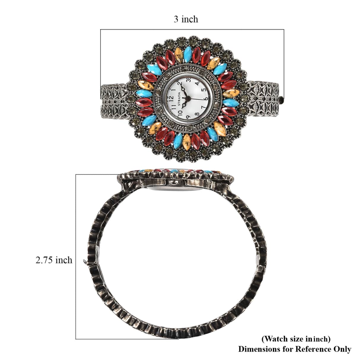 STRADA Grey Austrian Crystal, Simulated Multi Color Chroma Japanese Movement Southwest Style Bangle Watch in Silvertone (7.00 In) image number 6