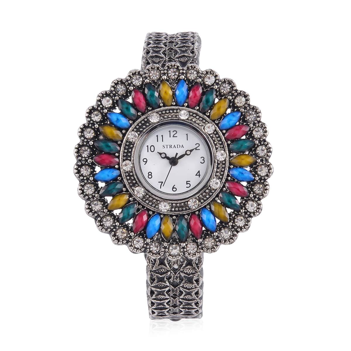 Strada Grey Austrian Crystal, Simulated Multi Color Chroma Japanese Movement Southwest Style Bangle Watch in Silvertone (7.00 In) image number 0