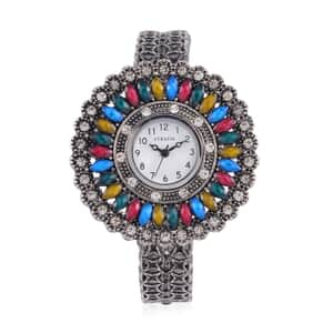 Strada Grey Austrian Crystal, Simulated Multi Color Chroma Japanese Movement Southwest Style Bangle Watch in Silvertone (7.00 In)