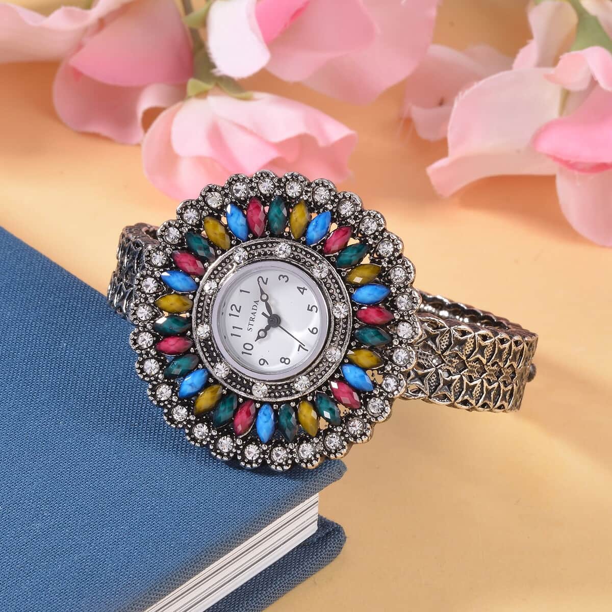 Strada Grey Austrian Crystal, Simulated Multi Color Chroma Japanese Movement Southwest Style Bangle Watch in Silvertone (7.00 In) image number 1