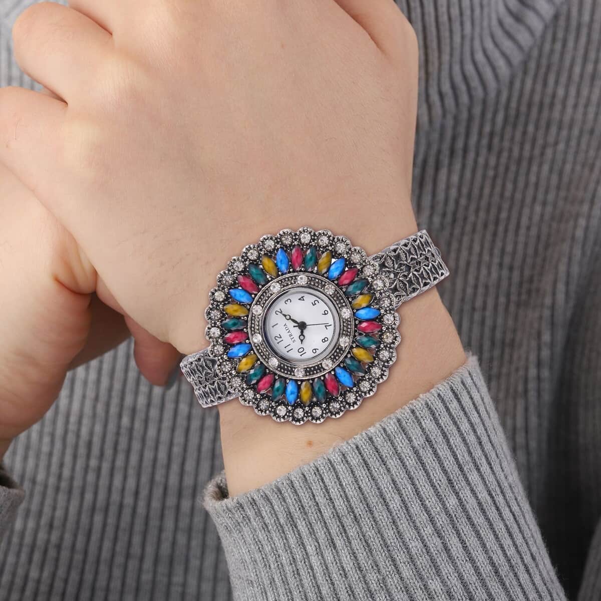 Strada Grey Austrian Crystal, Simulated Multi Color Chroma Japanese Movement Southwest Style Bangle Watch in Silvertone (7.00 In) image number 2