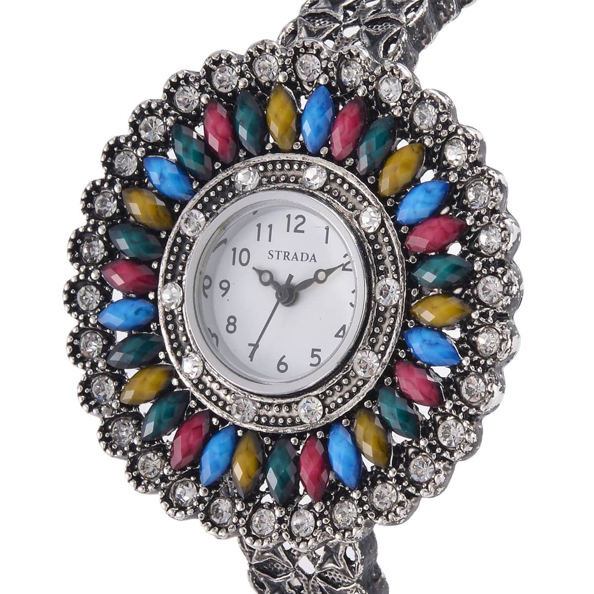 Strada Grey Austrian Crystal, Simulated Multi Color Chroma Japanese Movement Southwest Style Bangle Watch in Silvertone (7.00 In) image number 3