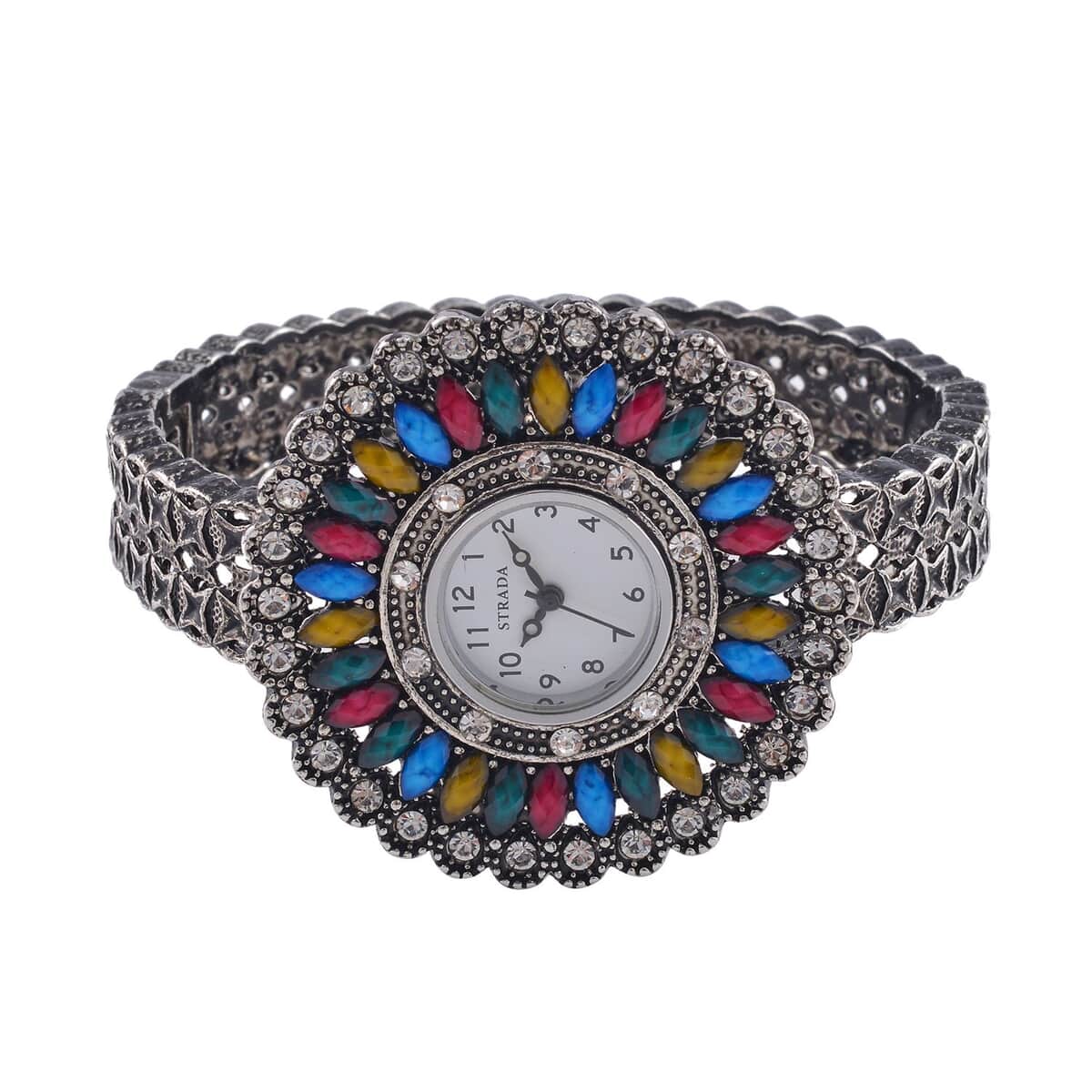 Strada Grey Austrian Crystal, Simulated Multi Color Chroma Japanese Movement Southwest Style Bangle Watch in Silvertone (7.00 In) image number 4
