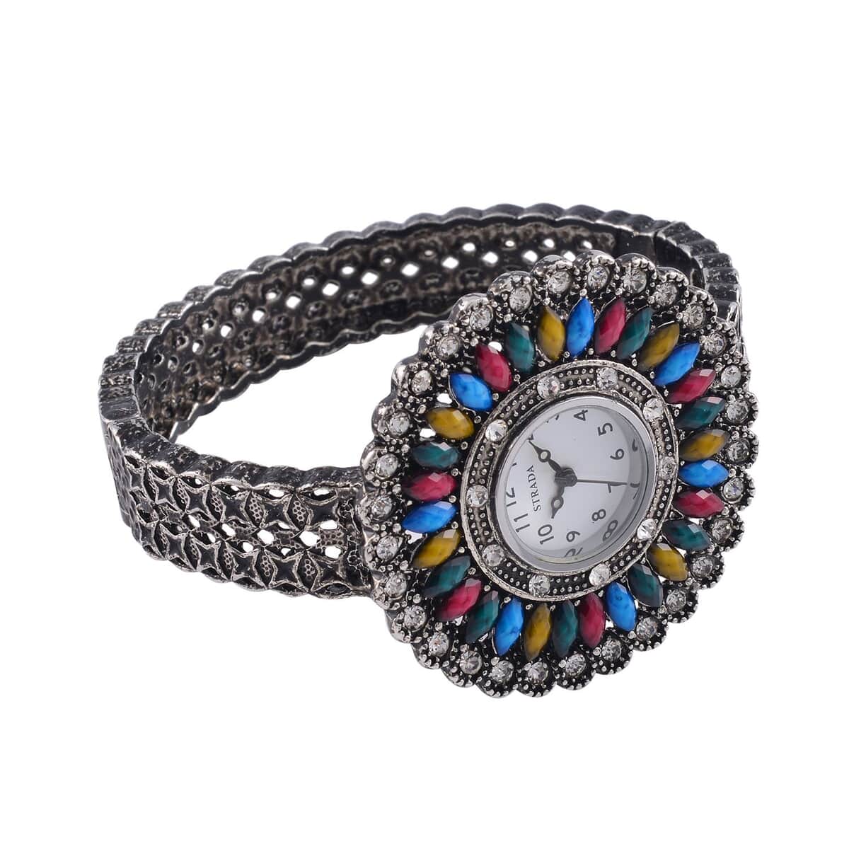 Strada Grey Austrian Crystal, Simulated Multi Color Chroma Japanese Movement Southwest Style Bangle Watch in Silvertone (7.00 In) image number 5