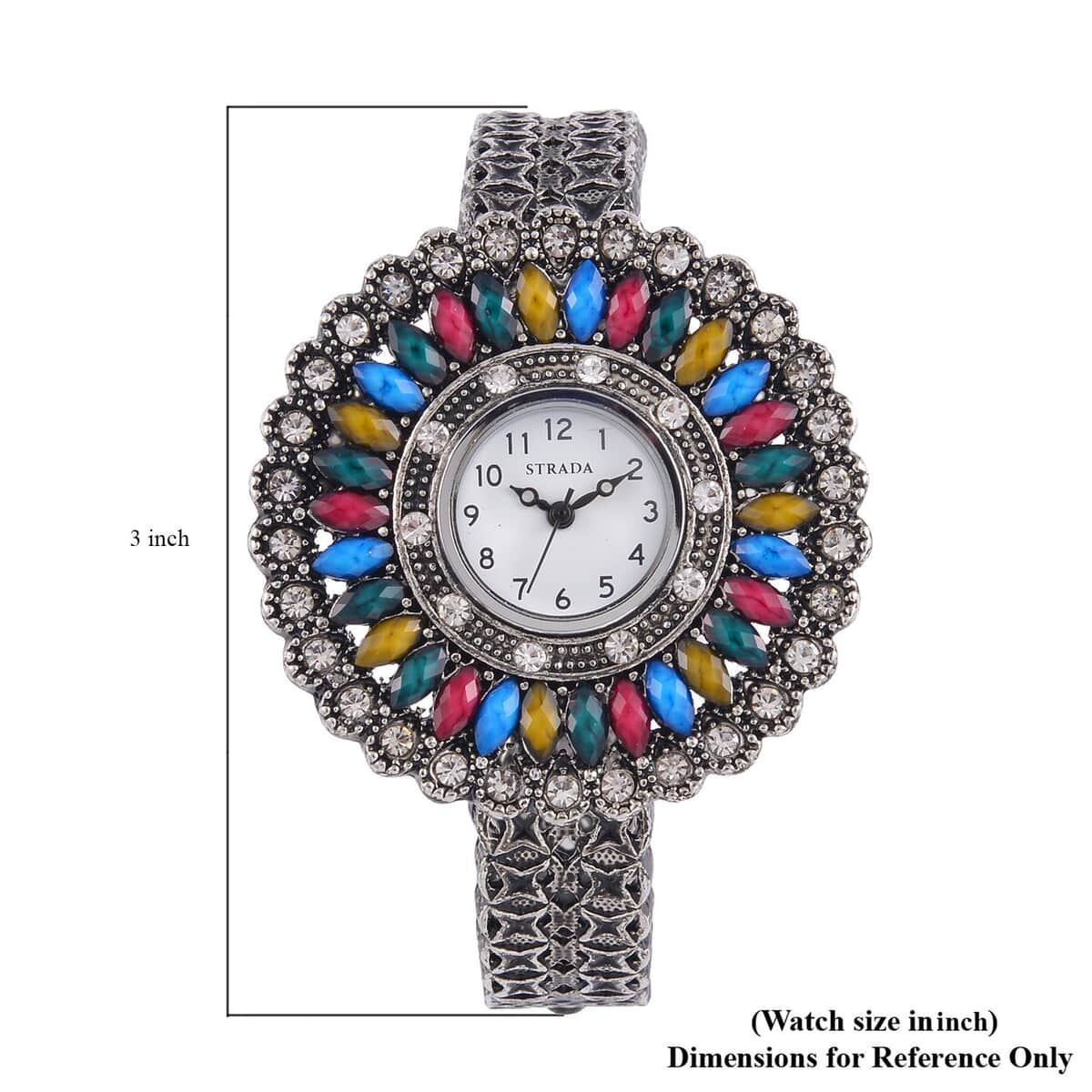 Strada Grey Austrian Crystal, Simulated Multi Color Chroma Japanese Movement Southwest Style Bangle Watch in Silvertone (7.00 In) image number 7