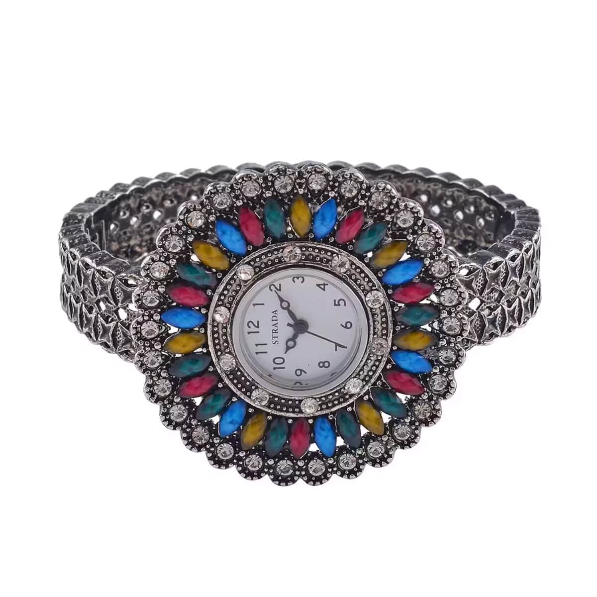 Strada Grey Austrian Crystal, Simulated Multi Color Chroma Japanese Movement Southwest Style Bangle Watch in Silvertone (7.00 In) image number 8