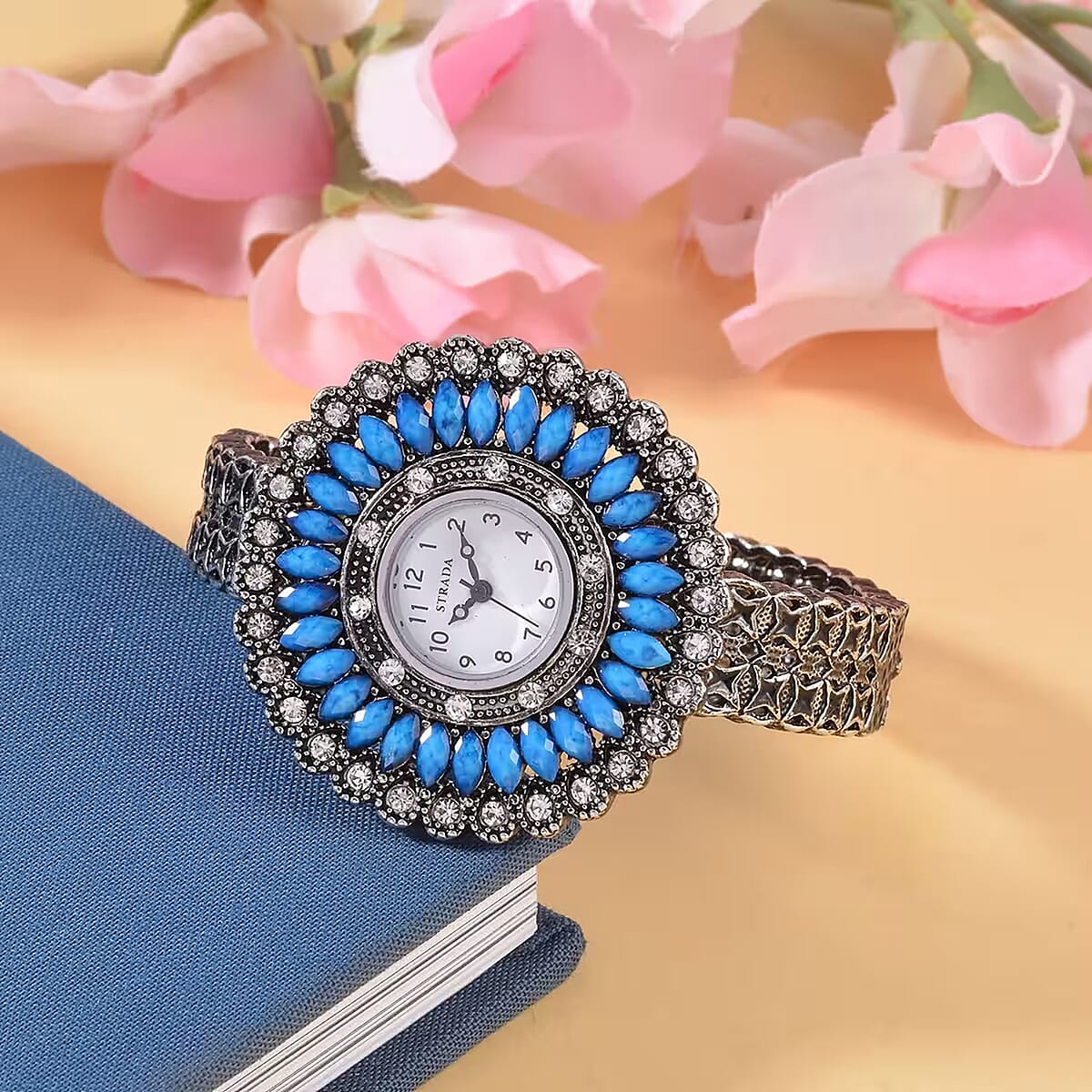 Strada Grey Austrian Crystal, Simulated Blue Chroma Japanese Movement Southwest Style Bangle Watch in Silvertone (7.00 In) image number 1