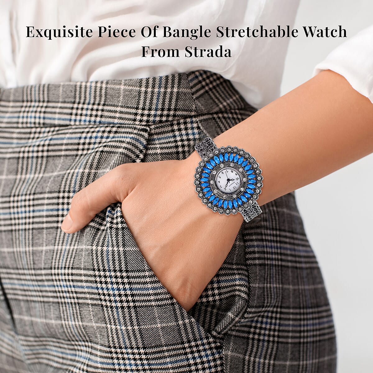 Strada Grey Austrian Crystal, Simulated Blue Chroma Japanese Movement Southwest Style Bangle Watch in Silvertone (7.00 In) image number 2