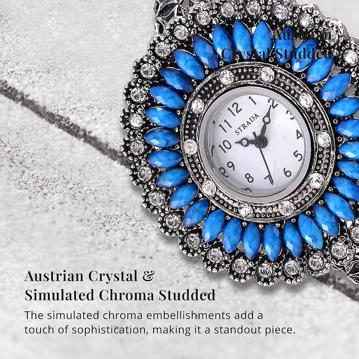 Strada Grey Austrian Crystal, Simulated Blue Chroma Japanese Movement Southwest Style Bangle Watch in Silvertone (7.00 In) image number 3