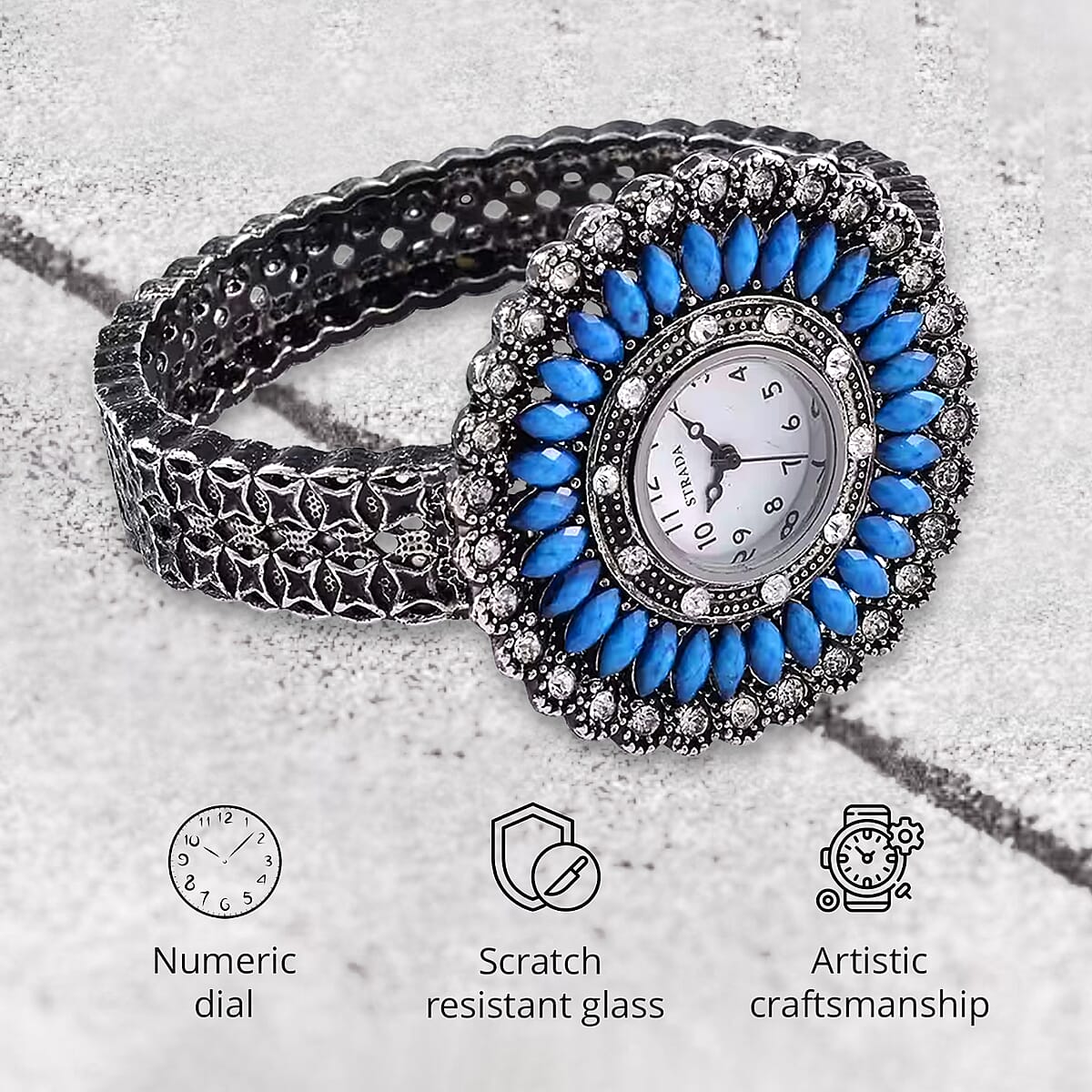 Strada Grey Austrian Crystal, Simulated Blue Chroma Japanese Movement Southwest Style Bangle Watch in Silvertone (7.00 In) image number 4