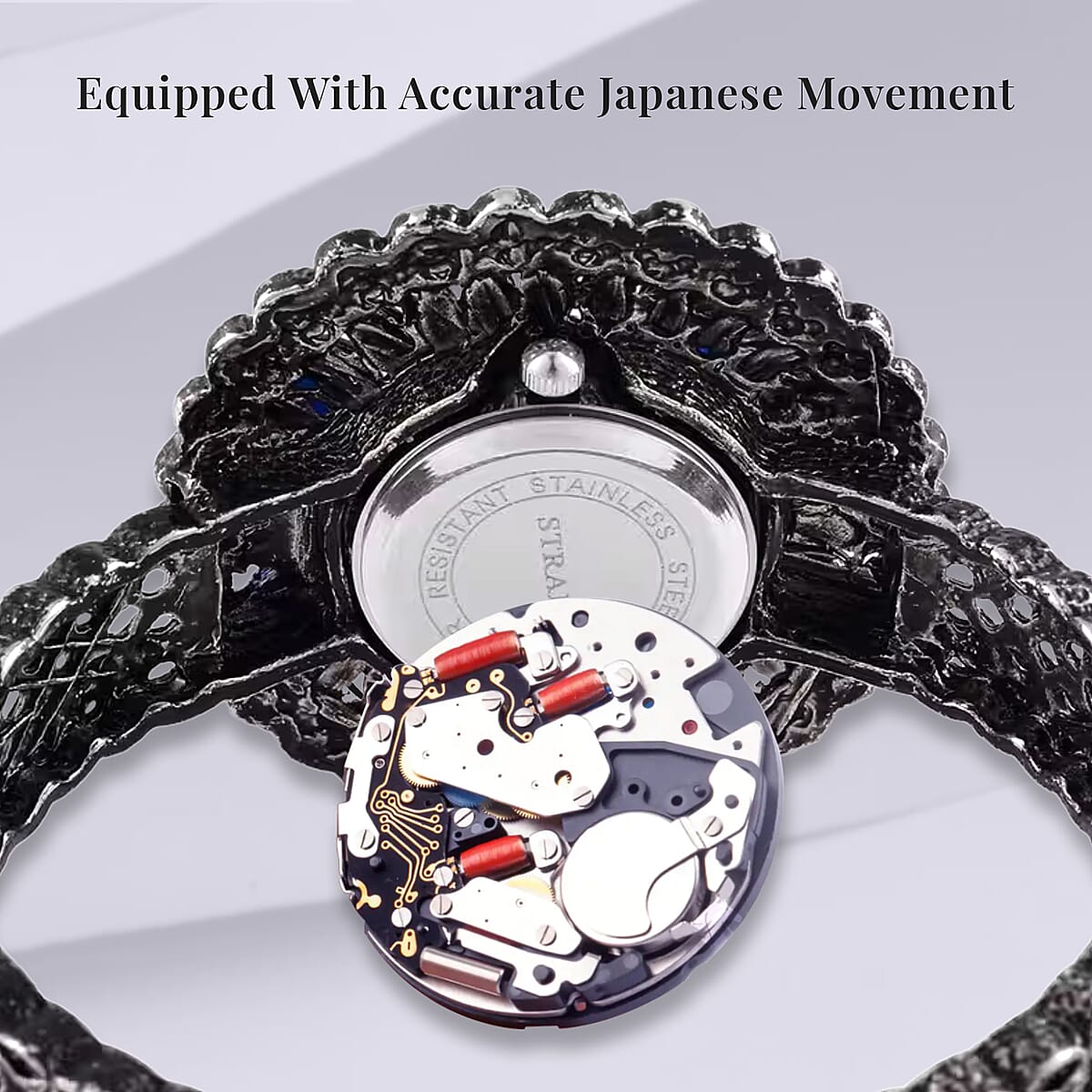 Strada Grey Austrian Crystal, Simulated Blue Chroma Japanese Movement Southwest Style Bangle Watch in Silvertone (7.00 In) image number 5