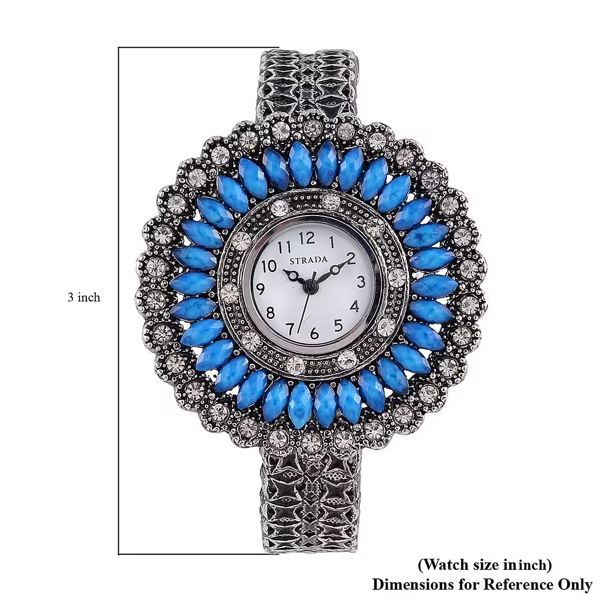 Strada Grey Austrian Crystal, Simulated Blue Chroma Japanese Movement Southwest Style Bangle Watch in Silvertone (7.00 In) image number 6