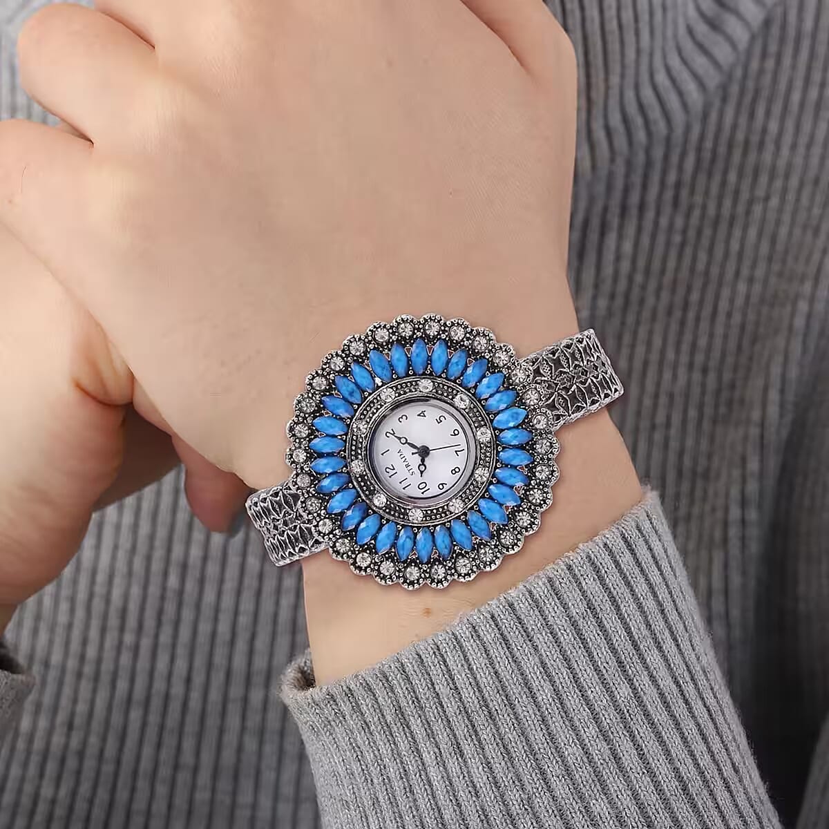 Strada Grey Austrian Crystal, Simulated Blue Chroma Japanese Movement Southwest Style Bangle Watch in Silvertone (7.00 In) image number 7