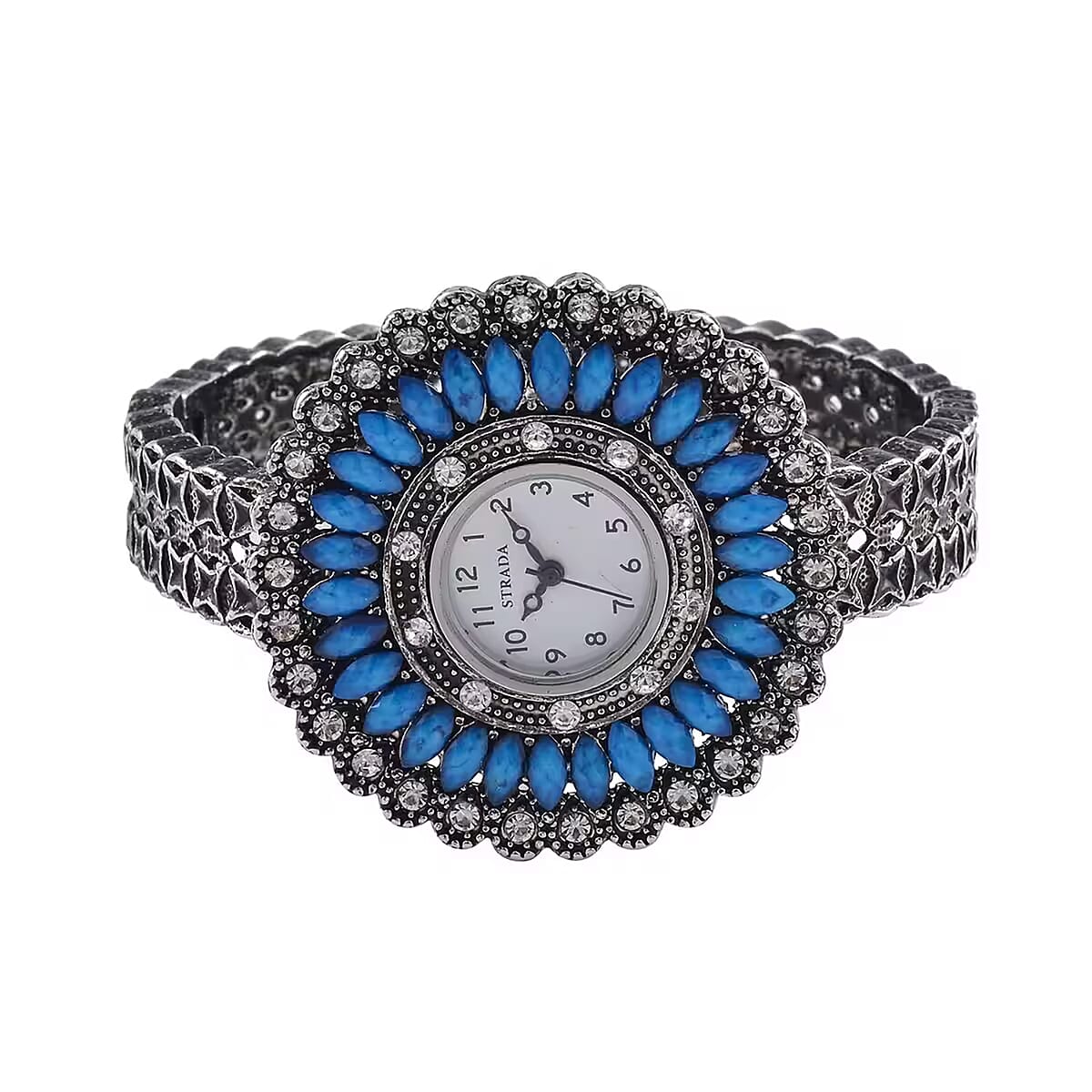 Strada Grey Austrian Crystal, Simulated Blue Chroma Japanese Movement Southwest Style Bangle Watch in Silvertone (7.00 In) image number 8